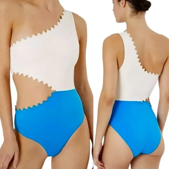 Onia Betty Cut Out One Shoulder One Piece Swimsuit Blue and White Size M NWT - Picture 11 of 11